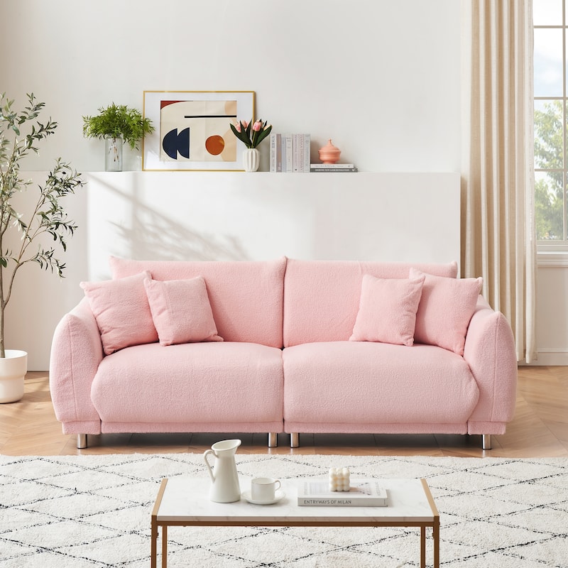 Fabric Sofa Tufted Couch, Upholstered Deep Seat Sofa with 4 Throw Pillows, Modern Lounge Couch with Round Metal Legs - Pink