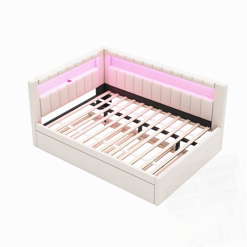 Upholstered Platform Bed with USB Ports and LED Belt With Trundle