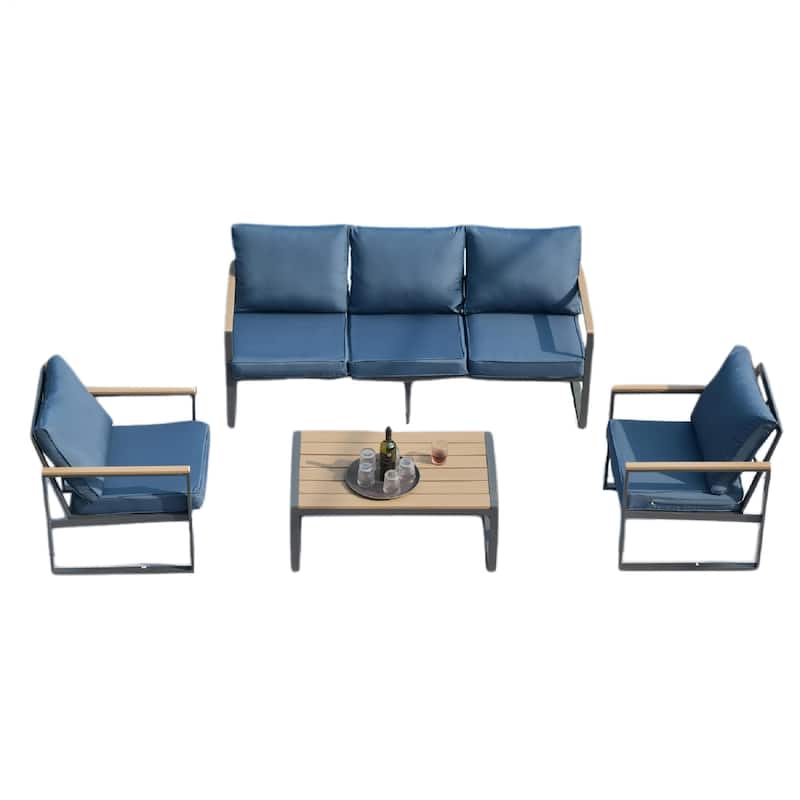4-Piece Modern Outdoor Sofa Set - Iron Frame with Grey Cushions and Faux Wood Grain Coffee Table