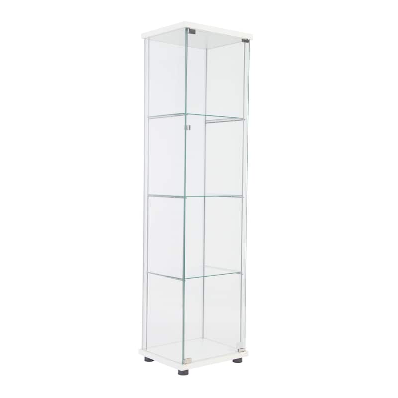 One Door Glass Cabinet Glass Display Cabinet with 4 Shelves, White - White