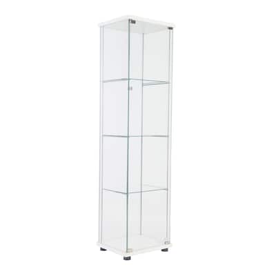 One Door Glass Cabinet Glass Display Cabinet with 4 Shelves, White