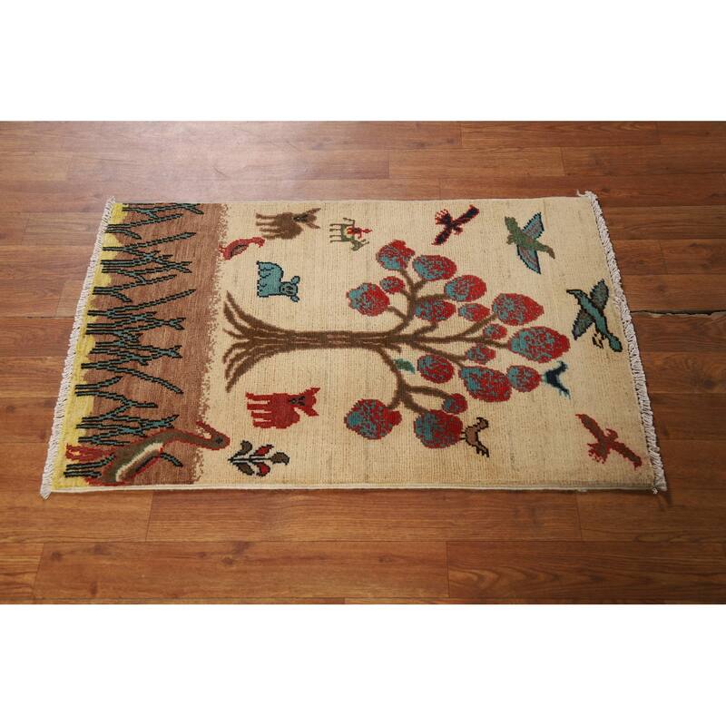 Animals Pictorial Kazak Oriental Foyer Rug Handmade Beige Wool Carpet - 2'0" x 3'0"
