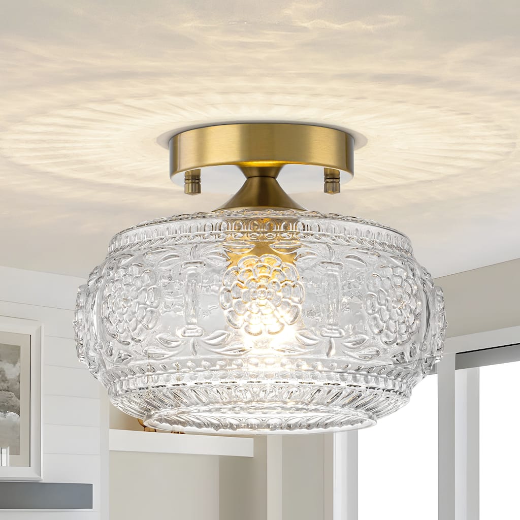 Starsky Mid Century Schoolhouse 1-Light Clear Textured Glass Semi Flush Mount Ceiling Light Gold for Bedroom Hallway Entryway