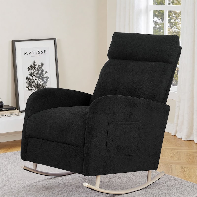 Chenille Nursery Armchair Rocking Chair Set of 1 with Metal Legs with Side Pocket for Living Room