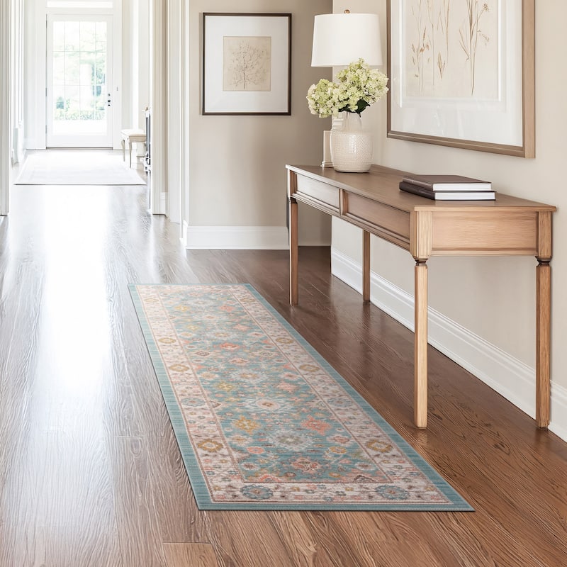 Crosswood Ellen Traditional Floral Indoor Polyester Area Rug - 2'3'' x 7'7'' - Aqua/Sage