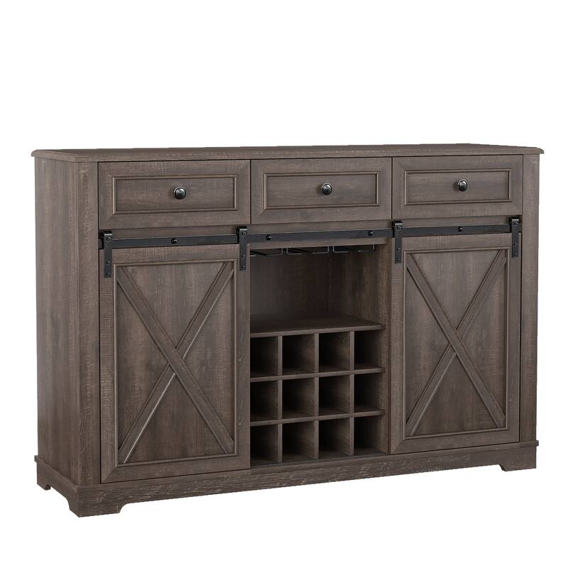 54" Farm Style Wood Buffet Bar Cabinet w/Wine & Glass Rack