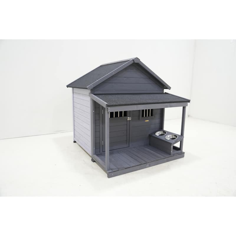 Large Dog House,44.2"L X 44.6"W X 44.6"D Solid Wood Asphalt Roof Dog House With Large Terrace, Weatherproof Large Dog House - Grey