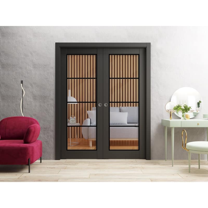 French Double Pocket Doors 36x80 Lucia 2466 Matte Black Kit Trims Rail
