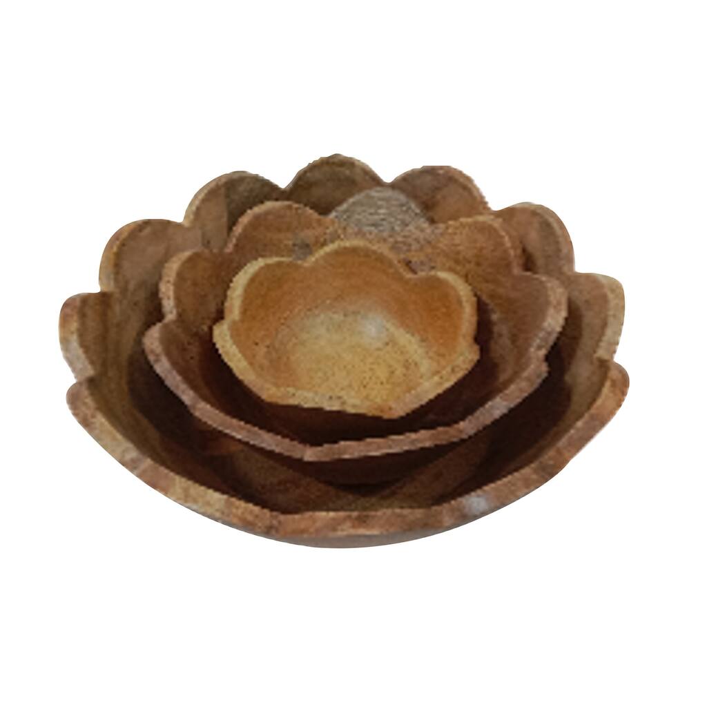 Mango Wood Floral Handmade Decorative Bowl - Set of 3 Brown, White or Dark Brown - Roche River Decor
