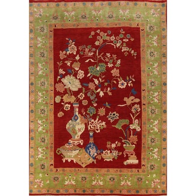 Red Pictorial Floral Heriz Serapi Indian Rug Hand-Knotted Wool Carpet - 7'11" x 10'0"