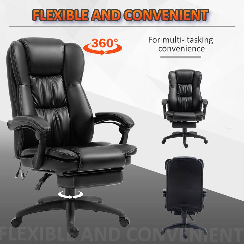 PU Leather Swivel High Back Massage Office Recliner Chair with 6-Point Vibration, Reclining Back, Retractable Footrest