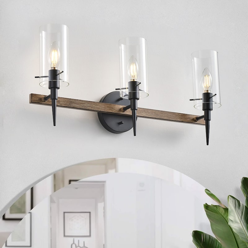 Farmhouse Black 3-Light Candle Vanity Light with Cylinder Glass Shades