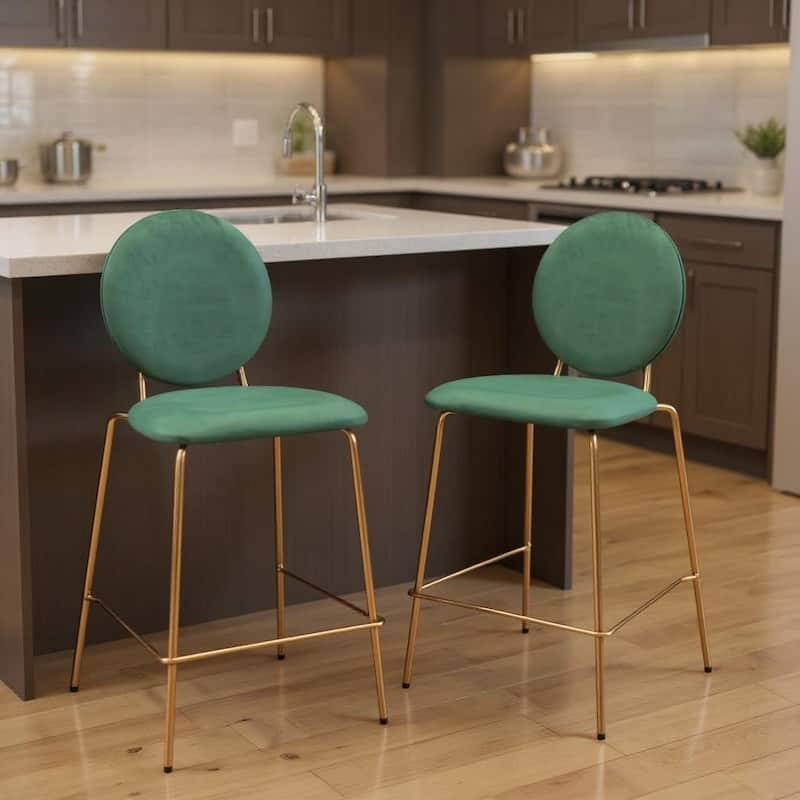 HomeRoots Set of Two 26" Green and Gold Velvet and Steel Counter Height Bar Chairs - Counter Height - Green - Set of 2