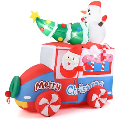 Gymax 6 ft Christmas Inflatable Santa on Car w/ Santa Clause Snowma