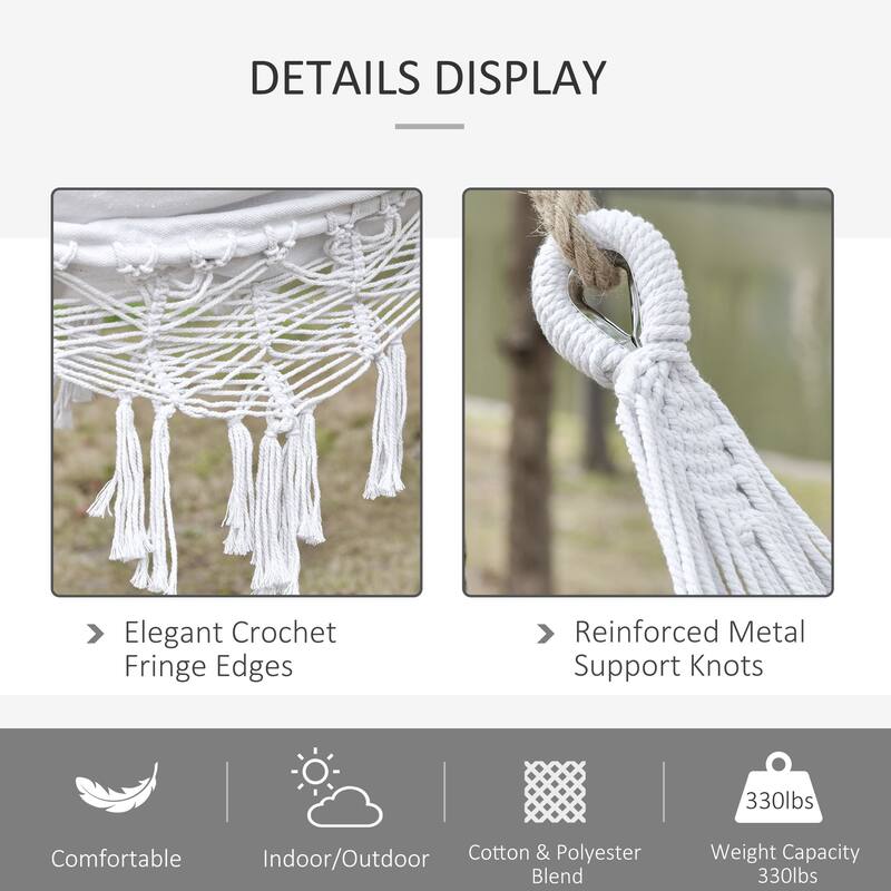 Outsunny Brazilian Style Hammock Extra Large Cotton Hanging Camping Bed with Carrying Bag, for Patio Backyard Poolside, White