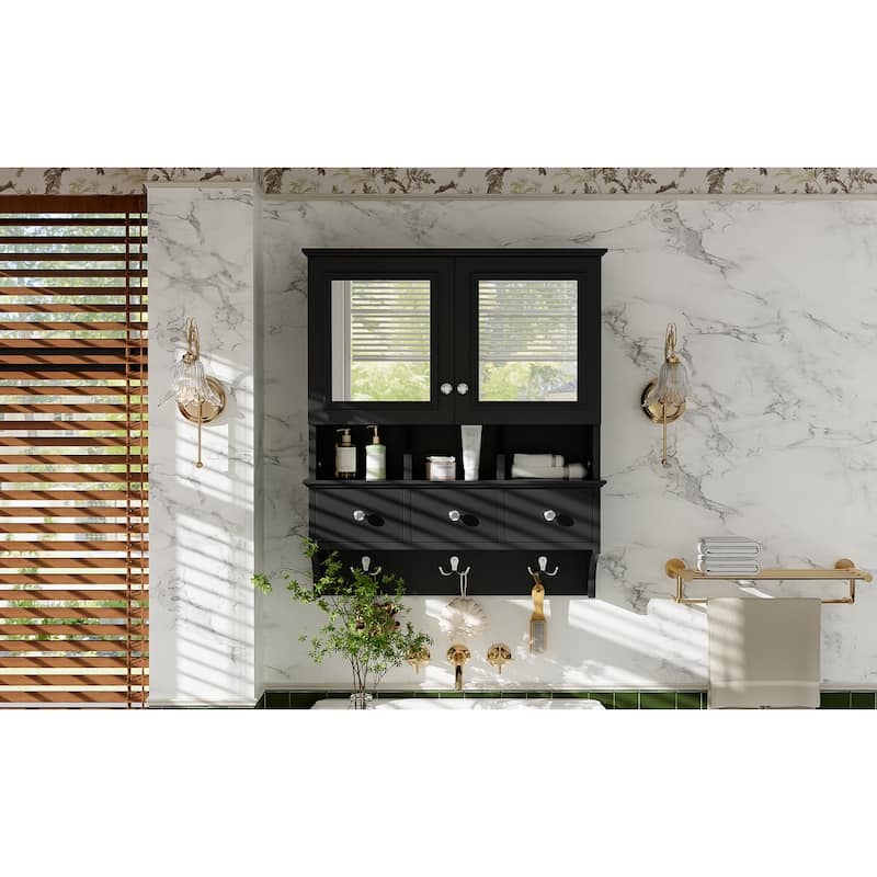 4-in-1 Bathroom Mirror Cabinet,24"Wall Mounted Medicine Cabinet with Drawers & Organizer Hooks,High-Define Mirrors with Storage