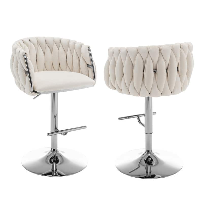 Best Quality Furniture Adjustable Velvet Upholstered Barstool w/ Chrome Finish Base (Set of 2) - Cream / Silver