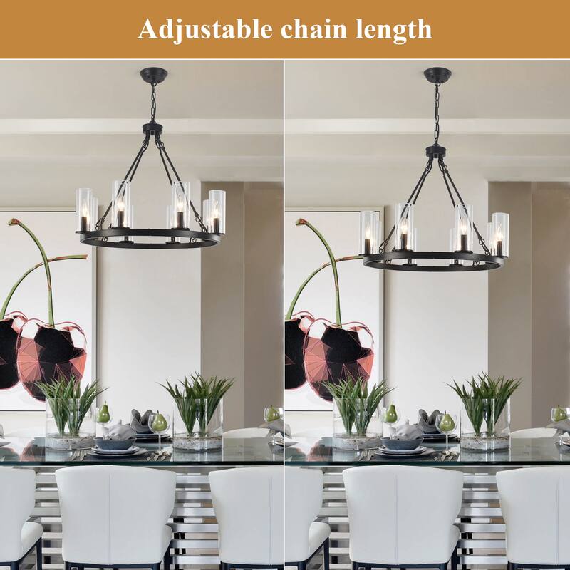 25.98inch 8-light Farmhouse Wagon Wheel Height Adjustable Chandelier With Glass Shade for Multiple Spaces