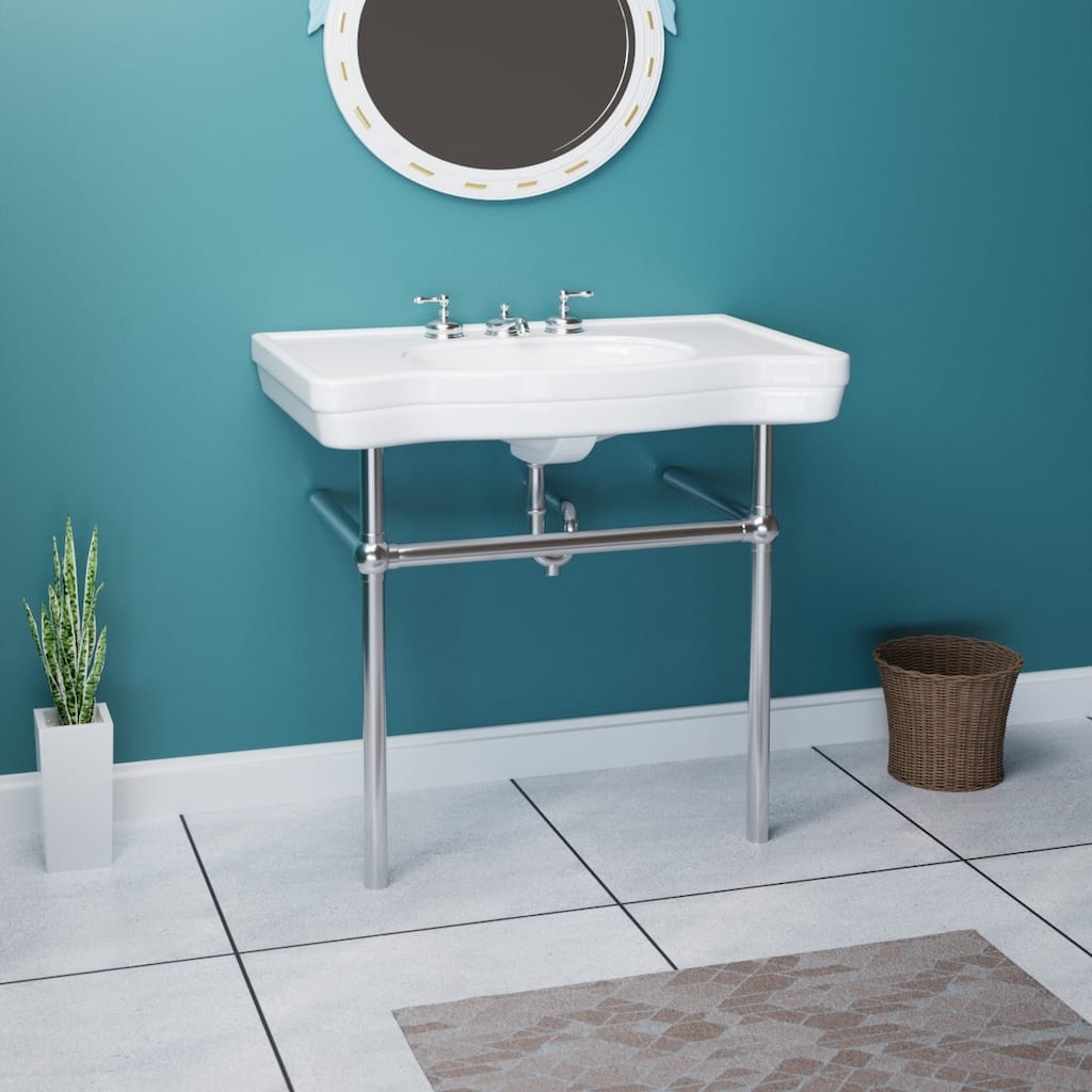 White Console Bathroom Pedestal Sinks Belle Epoque 35.5" with Widespread Faucet Holes and Chrome Bistro Legs Renovators Supply