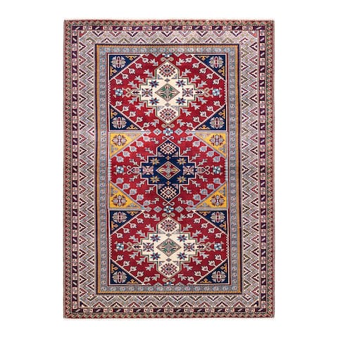 Tribal, One-of-a-Kind Hand-Knotted Area Rug - Red, 5' 2" x 7' 3" - 5 X 7