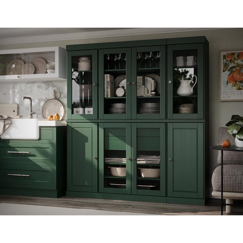 100% Solid Wood Kitchen China Pantry Buffet with Glass or Solid Wood Doors and 2-Drawer Kit by Palace Imports - 65" x 71.5" - Green - Clear Glass-Solid