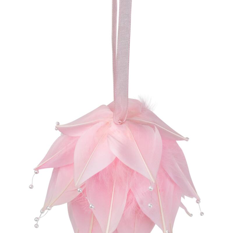 Feathered Ball with Pearls Christmas Ornament - 4.25" - Pink and White