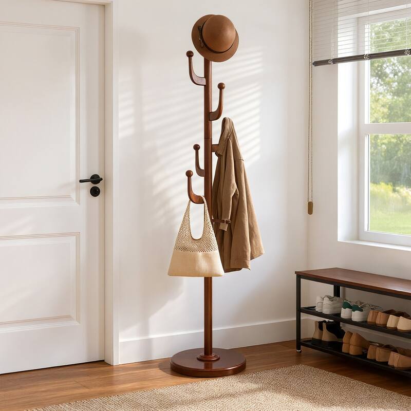 Rubberwood Freestanding Coat Rack Hanger with Hooks - 70.9"H/ 48"H x 15.8"W - Walnut Brown