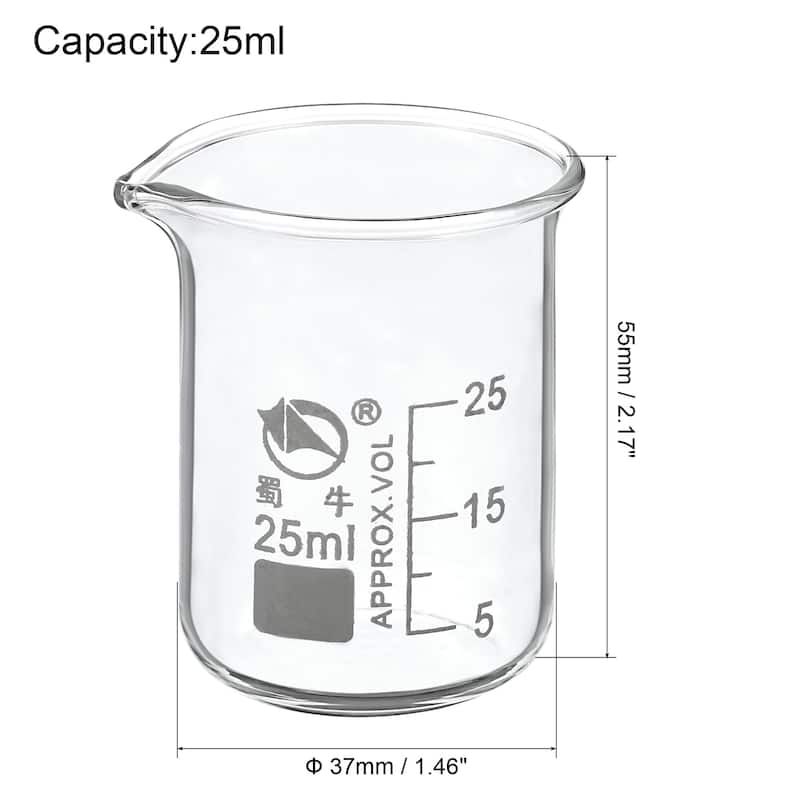 25ml Low Form Glass Beaker, 3.3 Borosilicate Lab Measuring Cups - Clear