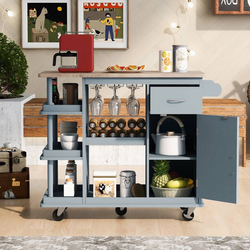Rubber Wood Kitchen Cart with Adjustable Shelves and Wine Rack