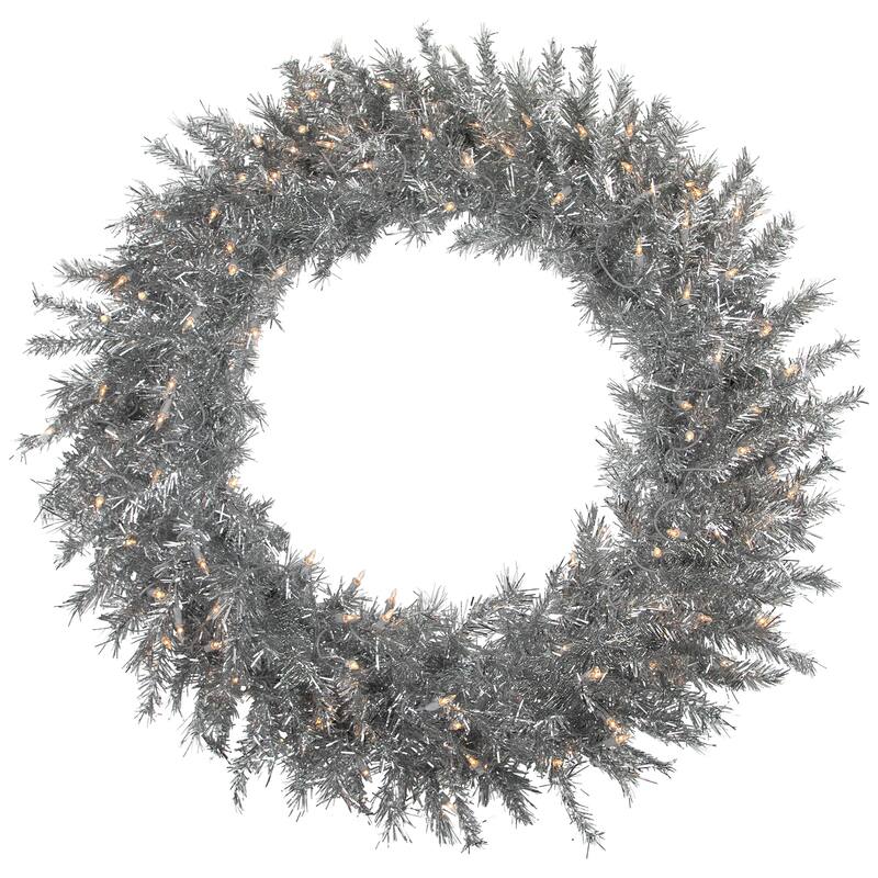 36" Pre-Lit Silver Tinsel Artificial Christmas Wreath, Clear Lights