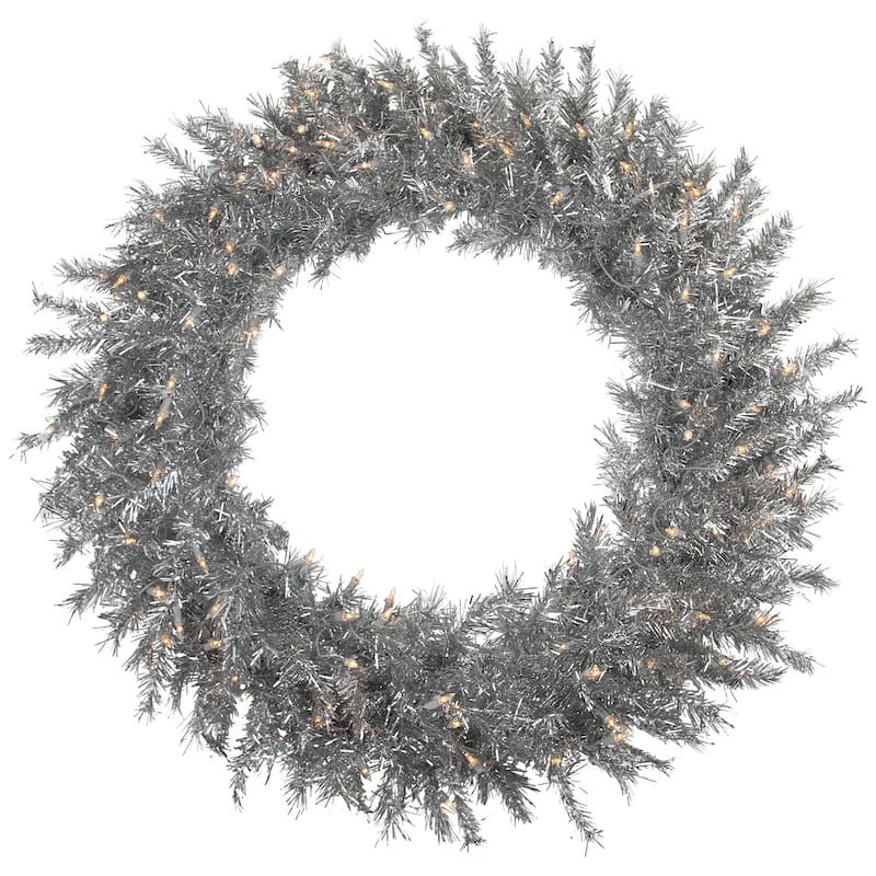 36" Pre-Lit Silver Tinsel Artificial Christmas Wreath Clear Lights