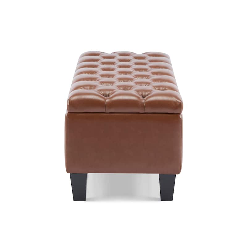 PU Leather Storage Ottoman, Button Tufted Rectangular Bench, End of Bed Bench with Smart Hinges & Rubber Wood Legs