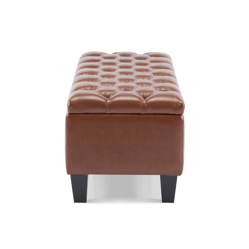 Roomfitters Tufted Storage Ottoman Bench, Faux Leather Upholstered Seat with Wood Legs, Entryway or Bedroom Use