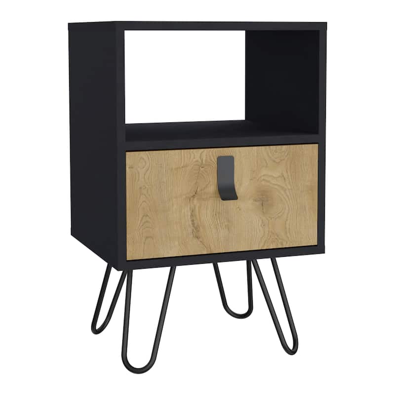 Nightstand 24"H , Sleek Design with Hairpin Legs and One Drawer, Black / Macadamia