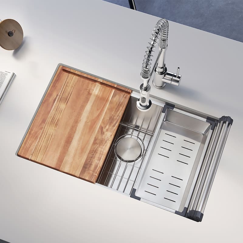 Undermount Handmade Workstation 304 Stainless Steel Kitchen Sink with grid cutting board colander drying rack and Strainer