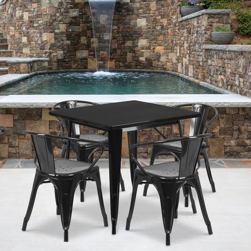 31.5'' Square Metal Indoor-Outdoor Table Set with 4 Arm Chairs - Black