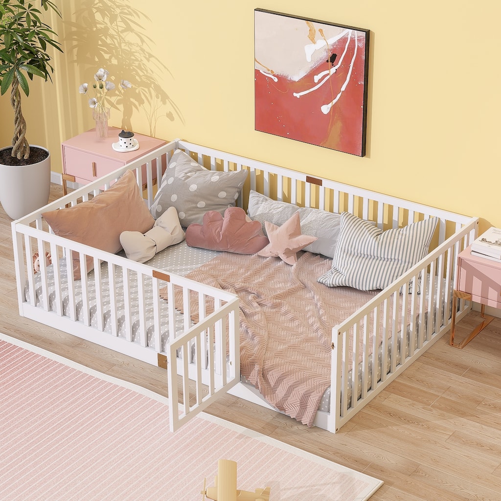 Full Size Floor Bed with High Fence Railings, with Door,6 Slats Included, Rubber Wood Floor Bed with Safety Guardrails
