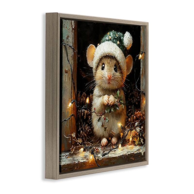 Stupell Barn Mouse with Christmas Lights Framed Floater Canvas Wall Art Design By Riley B