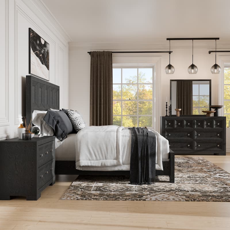 Furniture of America Durem Modern Classic 4-Piece Wood Panel Bedroom Set - Weathered Black - Queen