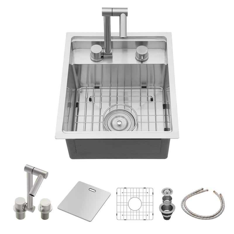 Lordear 17" Stainless Steel Sink Undermount Workstation Single Bowl Bar Sink or Kitchen Sink with Folding Faucet - 15 in.W x 17 in.D x 9 in.H - Stainless Steel