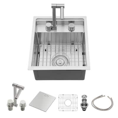 Lordear 17" Stainless Steel Sink Undermount Workstation Single Bowl Bar Sink or Kitchen Sink with Folding Faucet