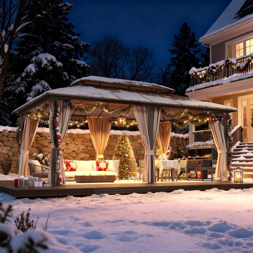 Hardtop Gazebo for Backyard – Permanent Pergola with Netting, Curtains & Double Roof, All-Weather Outdoor Shelter