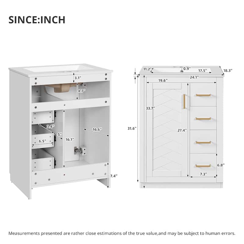 24-Inch Bathroom Vanity with Sink, Modern Solid Wood and MDF Cabinet with 1 Door and 3 Drawers for Small Bathroom