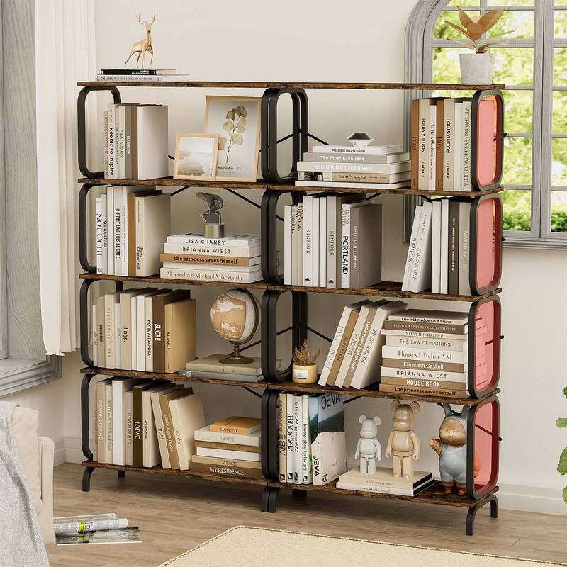 Rustic Tall Bookcase with Open Wood & Metal Design - Black