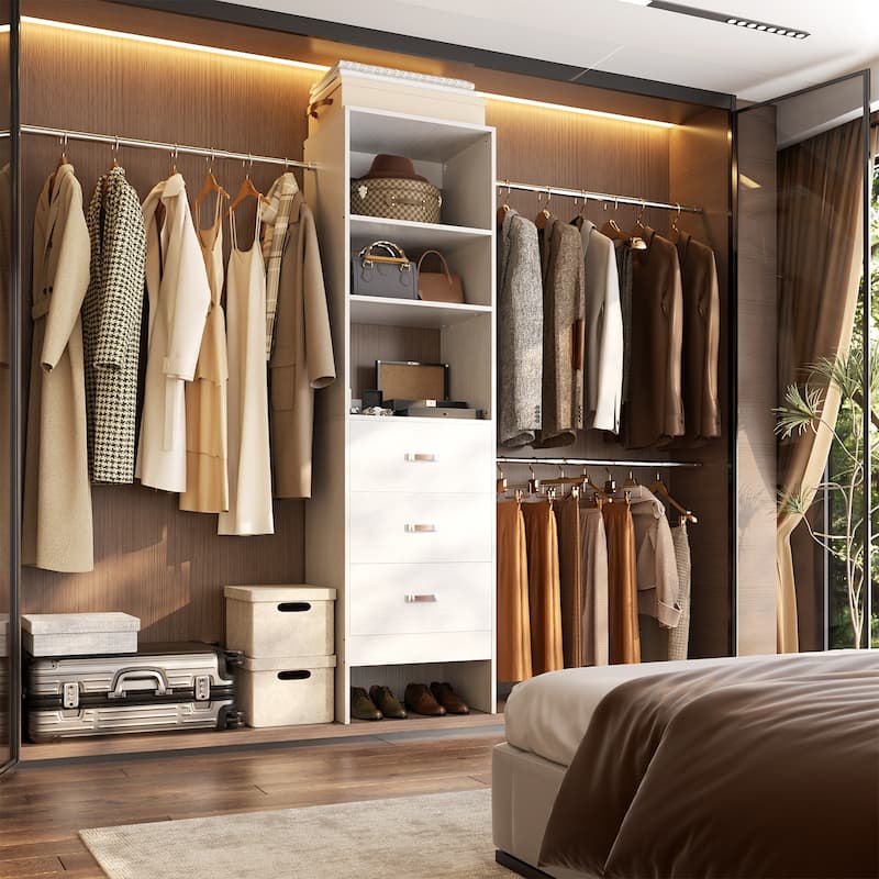 20.2'' - 96'' W Closet Organizer with Drawers, Closet System with Hanging Rods and Adjustable Shelves - White-no side shelves