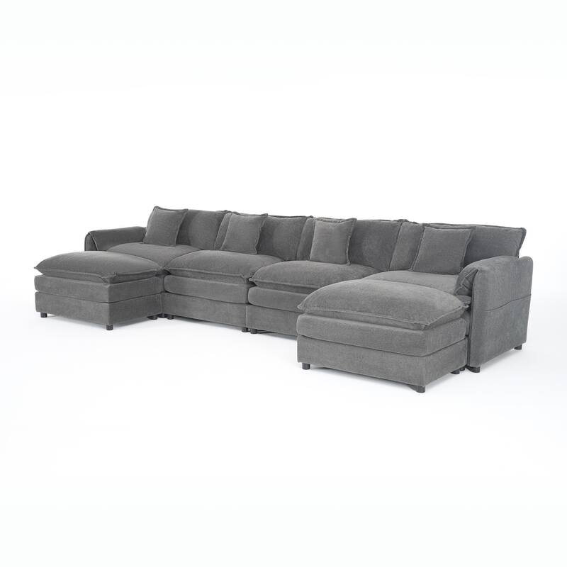 U Shaped Modular Sectional Sofa with 2 Movable Ottomans, Oversized Chenille Deep Seat Sofa, Comfy 4-Seater Sofa with Pillows