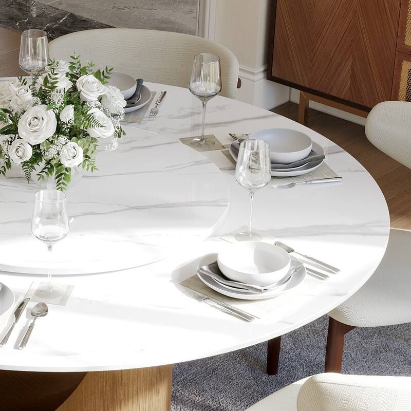 Modern Round Dining Table for Diningroom，White Glossy Stone Tabletop,Bronze Carbon Pedestal
