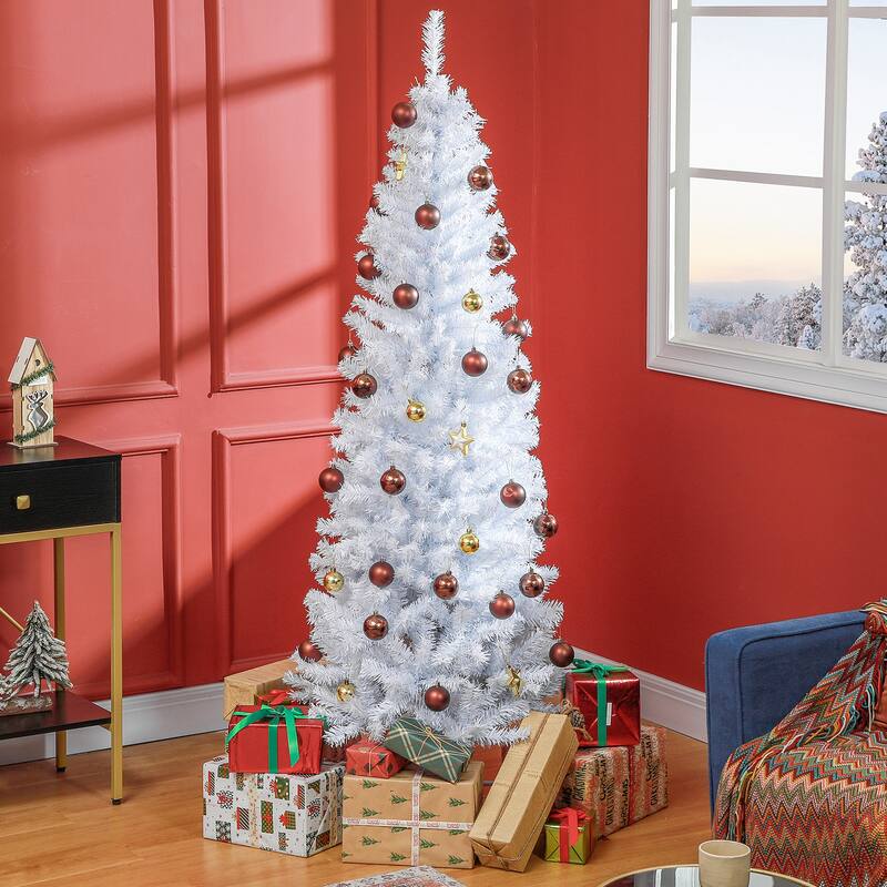 6 Ft Pencil Shape White Artificial Christmas Tree with Realistic Plastic Branches and Foldable Base - 25.6" Dia. x 70.9" H