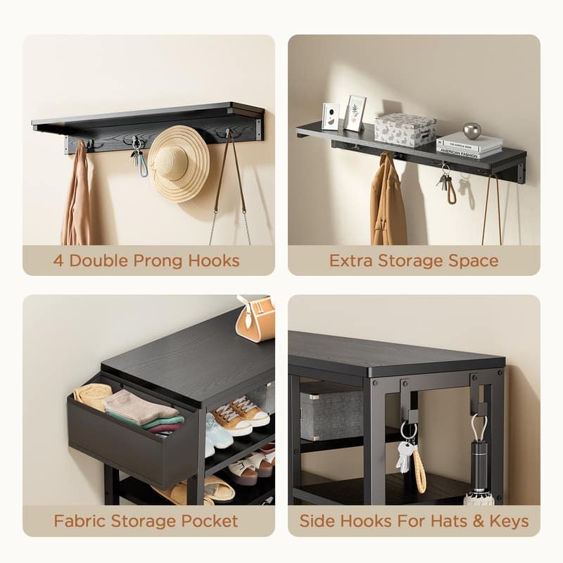 Industrial Hall Tree, 4-in-1 Entryway Coat Rack and Shoe Bench Rack Set with 5 Shoe Storage Cabinets