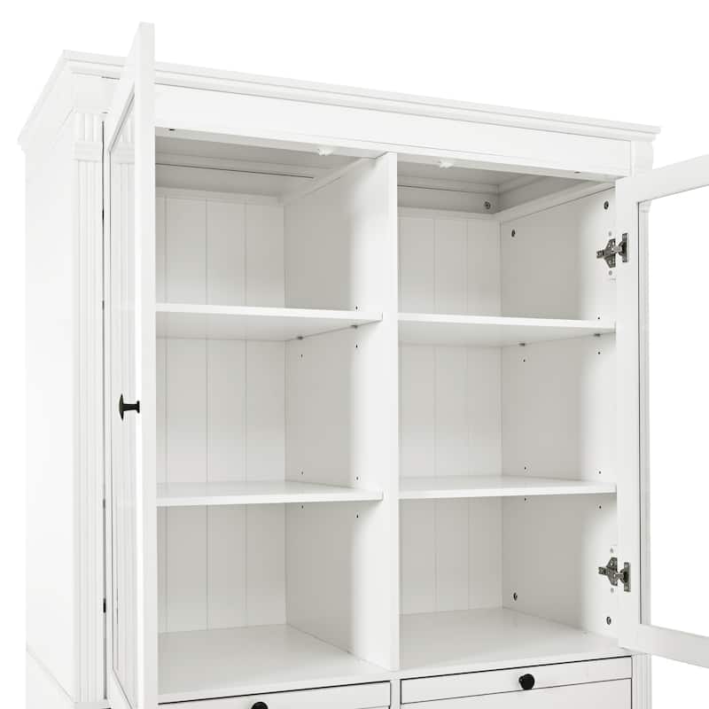 72''H Kitchen Pantry, Display Storage Cabinet with Glass Doors and Drawers, Serving Trays and Shelves